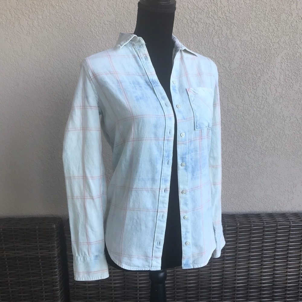 Aeropostale Bleached Plaid Chambray Button Shirt - Picture 1 of 5